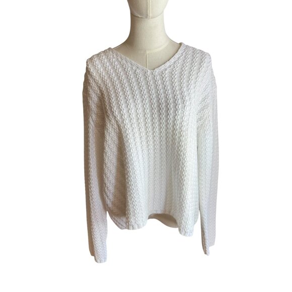 Eddie Bauer White Textured Knit Sweater V-Neck Pullover Size L - Picture 2 of 6